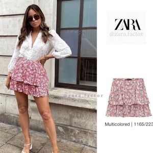 Zara Multicolored Pink Floral Ruffled Mini Skirt